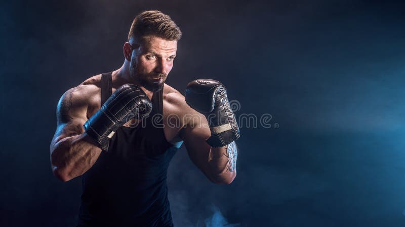 Sportsman Muay Thai Boxer Celebrating Flawless Victory in Boxing Cage.  Isolated on Black Background with Smoke. Copy Stock Image - Image of  people, handsome: 91121441