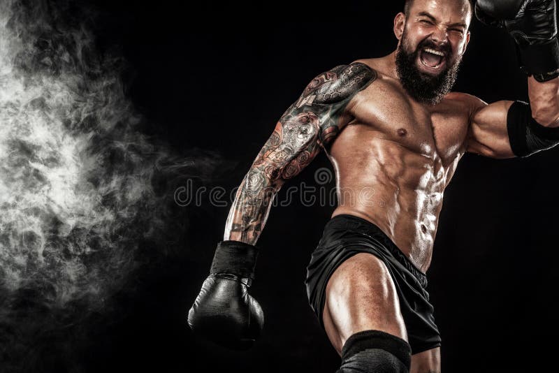 Sportsman Muay Thai Boxer Celebrating Flawless Victory in Boxing Cage.  Isolated on Black Background with Smoke. Copy Stock Image - Image of  people, handsome: 91121441