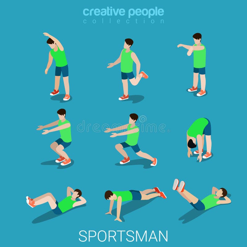 Sportsmen male sport exercise athlete flat 3d isometric vector vector illustration Sportsmen male sport exercise athlete flat 3d isometric vector vector illustration