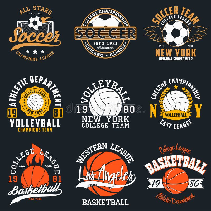 Sportspieltypographie - Fußball, Volleyball und Basketball Satz des athletischen Druckes für T-Shirt Design Grafiken für Sportkle stock abbildung