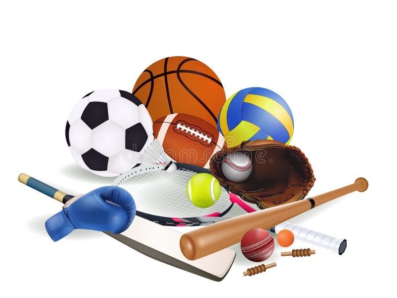 Sportuitrusting met een van het het honkbalvoetbal van het voetbalbasketbal van de het tennisbal van het volleyball bokshandschoe royalty-vrije illustratie Sportuitrusting met een van het het honkbalvoetbal van het voetbalbasketbal van de het tennisbal van het volleyball bokshandschoe royalty-vrije illustratie