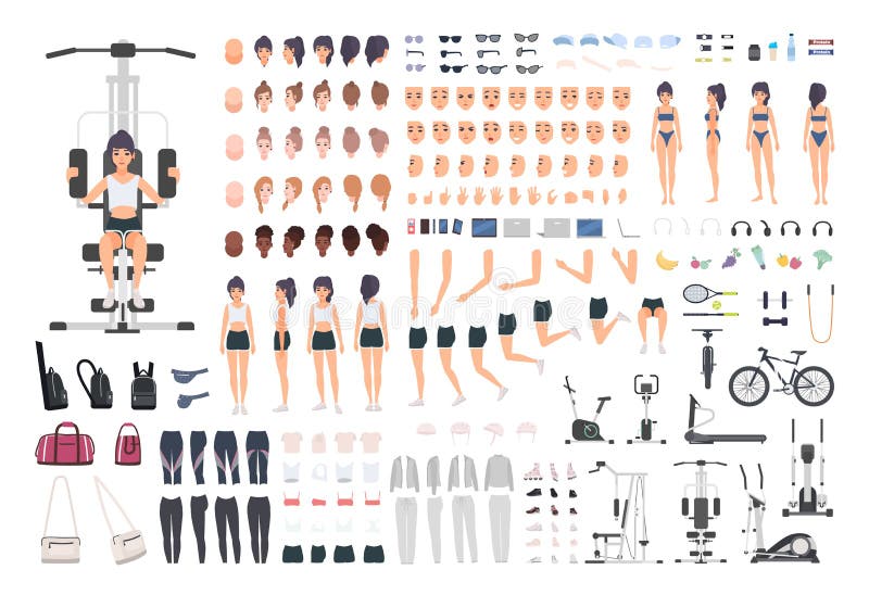 Sportvrouw of van het geschiktheidsmeisje DIY uitrusting Reeks vrouwen` s lichaamsdelen, houdingen, sportuitrusting, geïsoleerde vector illustratie Sportvrouw of van het geschiktheidsmeisje DIY uitrusting Reeks vrouwen` s lichaamsdelen, houdingen, sportuitrusting, geïsoleerde vector illustratie