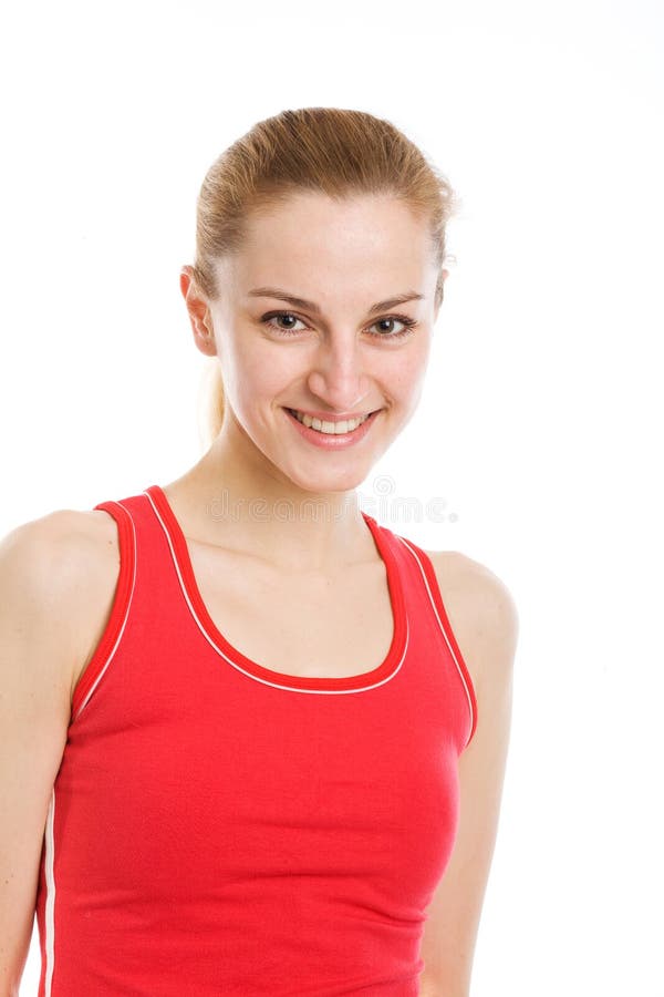 A sporty blonde in red leotard