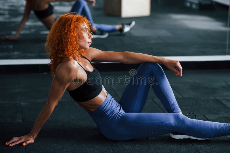 Using Silver Colored Exercise Ball Sporty Redhead Girl Have Fitness 