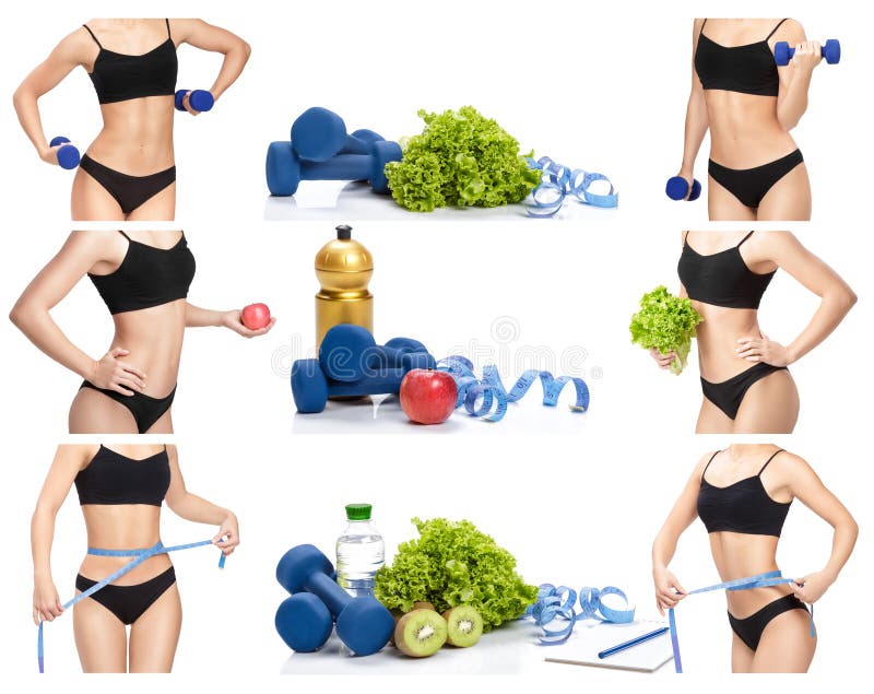 Sporty woman with dumbbells, measuring tape and Apple royalty free stock photo Sporty woman with dumbbells, measuring tape and Apple royalty free stock photo