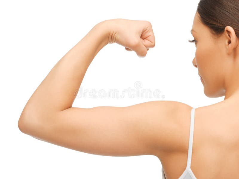 Closeup picture of sporty woman flexing her biceps