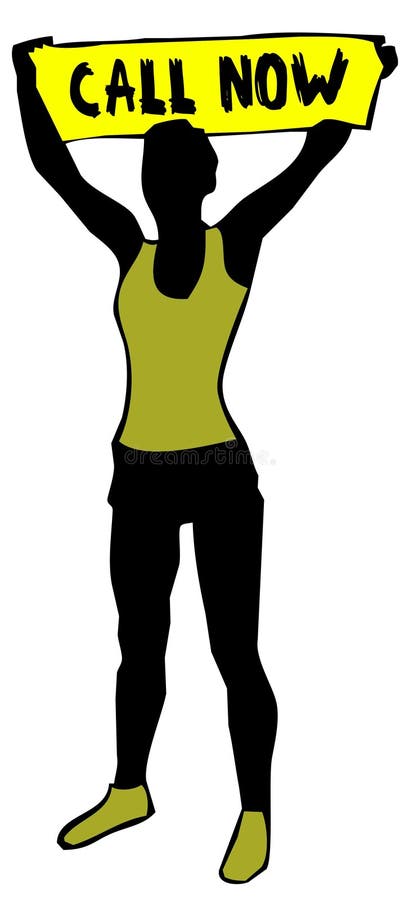 Sporty woman silhouette holding a yellow banner sign with CALL NOW text. stock illustration Sporty woman silhouette holding a yellow banner sign with CALL NOW text. stock illustration
