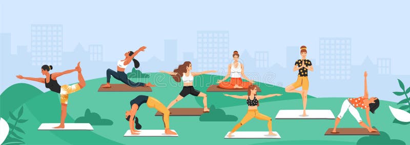 Sporty women practicing yoga in the park. Girls standing in various poses.