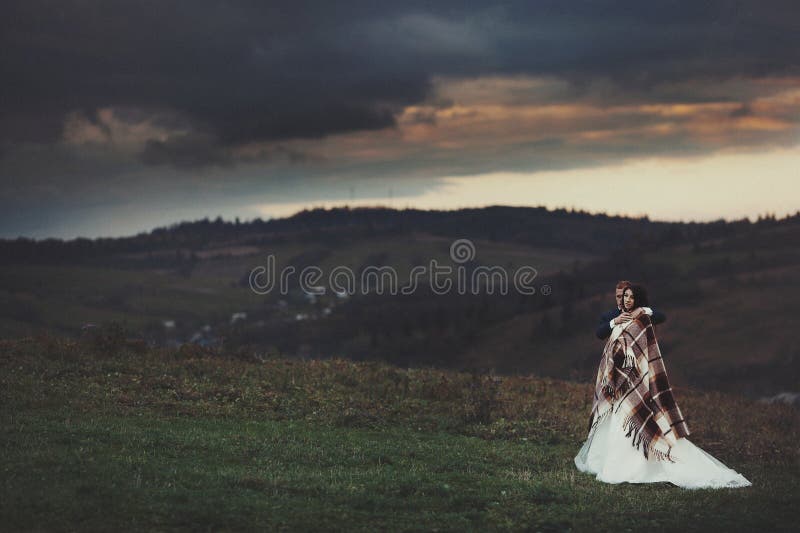Sposa castana felice alla moda elegante e sposo splendido alla s immagini stock Sposa castana felice alla moda elegante e sposo splendido alla s immagini stock