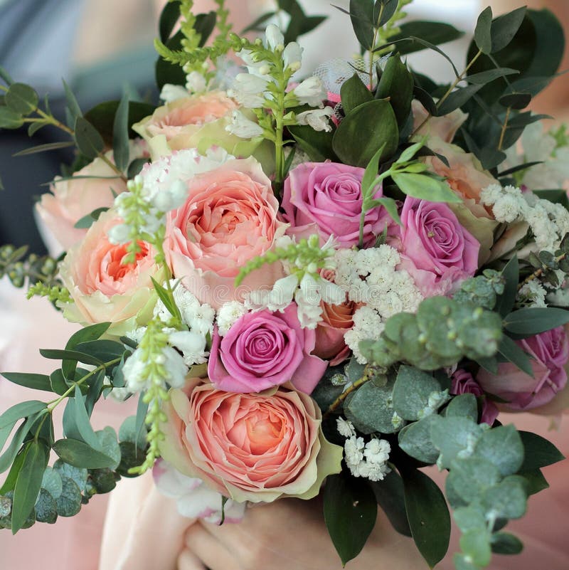 Bride holding a beautiful bridal bouquet. Wedding bouquet of peach roses by David Austin, single-head pink rose aqua, eucalyptus, ruscus, gypsophila. Bride holding a beautiful bridal bouquet. Wedding bouquet of peach roses by David Austin, single-head pink rose aqua, eucalyptus, ruscus, gypsophila.