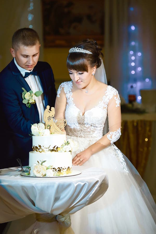 Sposa e sposo al ricevimento nuziale che taglia la torta nunziale Concetto di approvvigionamento immagine stock libera da diritti Sposa e sposo al ricevimento nuziale che taglia la torta nunziale Concetto di approvvigionamento immagine stock libera da diritti