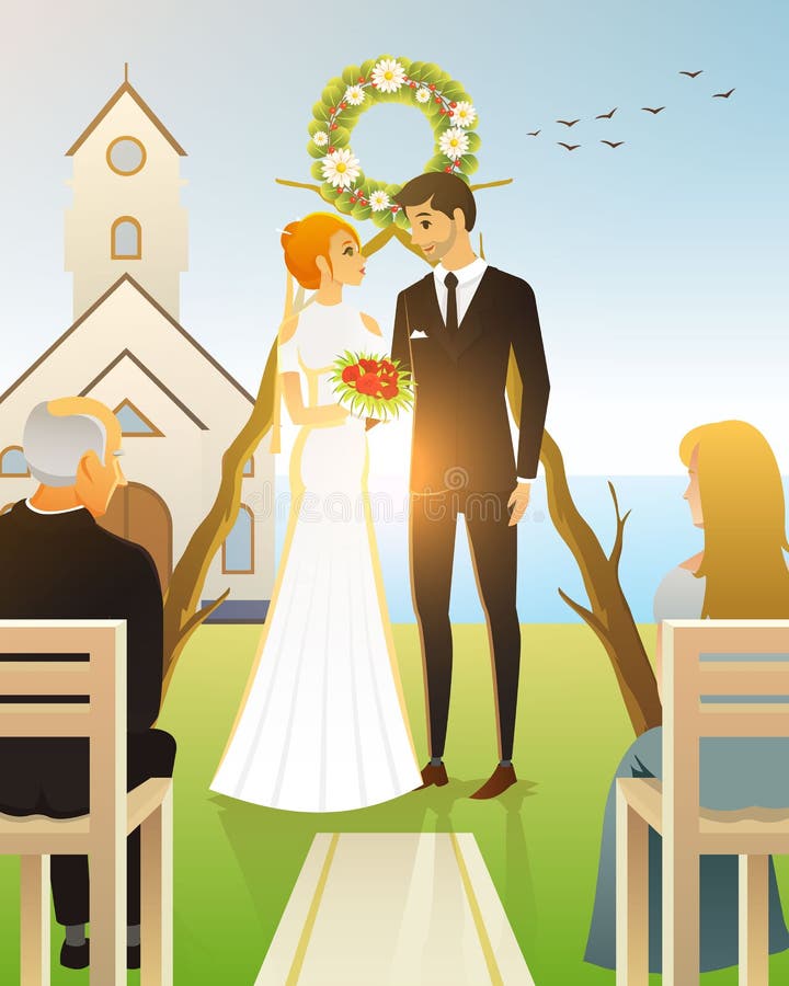 Sposa e sposo Cerimonia di nozze sulla spiaggia dal mare Persone appena sposate, coppie alla porta della chiesa Carta dell'illust illustrazione di stock Sposa e sposo Cerimonia di nozze sulla spiaggia dal mare Persone appena sposate, coppie alla porta della chiesa Carta dell'illust illustrazione di stock