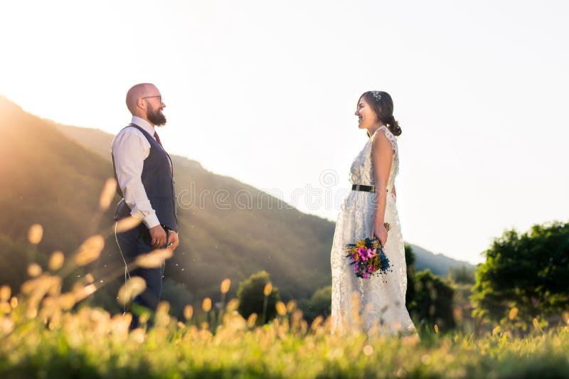 Sposa e sposo che si guardano nel campo fotografia stock libera da diritti Sposa e sposo che si guardano nel campo fotografia stock libera da diritti