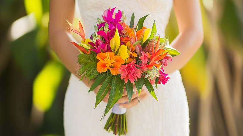 Sposa elegante con Bouquet tropicale vibrante creato con strumenti generici AI illustrazione vettoriale