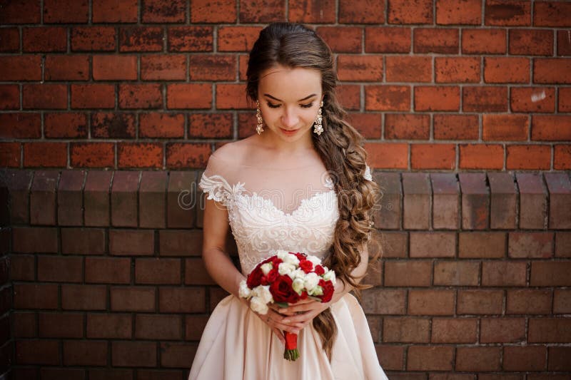 Sposa in una condizione del vestito da sposa sui precedenti di un muro di mattoni rosso immagini stock Sposa in una condizione del vestito da sposa sui precedenti di un muro di mattoni rosso immagini stock