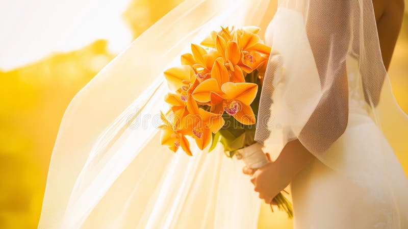 Sposa velata con orchidee arancioni esotiche nella luce tropicale eterea creata con strumenti generici AI royalty illustrazione gratis