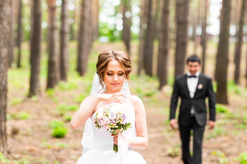 Sposo e sposa in un parco Mazzo nuziale di cerimonia nuziale dei fiori fotografia stock libera da diritti Sposo e sposa in un parco Mazzo nuziale di cerimonia nuziale dei fiori fotografia stock libera da diritti