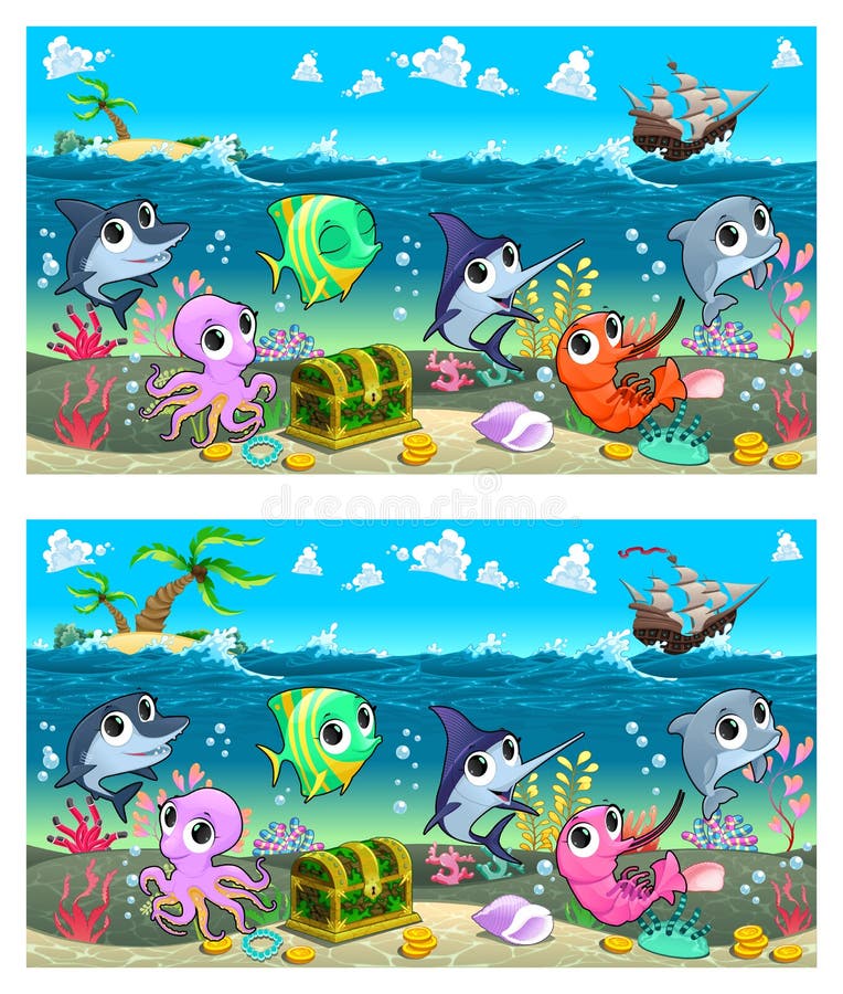 Spot the differences. Two images with six changes between them, vector and cartoon illustrations.