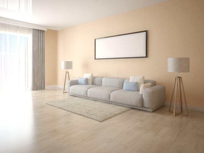 Spot omhoog een heldere woonkamer met een grote bank stock illustratie Spot omhoog een heldere woonkamer met een grote bank stock illustratie