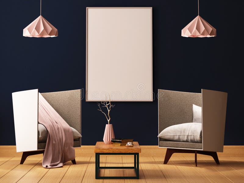 Spot op affiche binnen een woonkamer met leunstoelen en lampen 3d 3d illustratie geeft terug royalty-vrije illustratie Spot op affiche binnen een woonkamer met leunstoelen en lampen 3d 3d illustratie geeft terug royalty-vrije illustratie