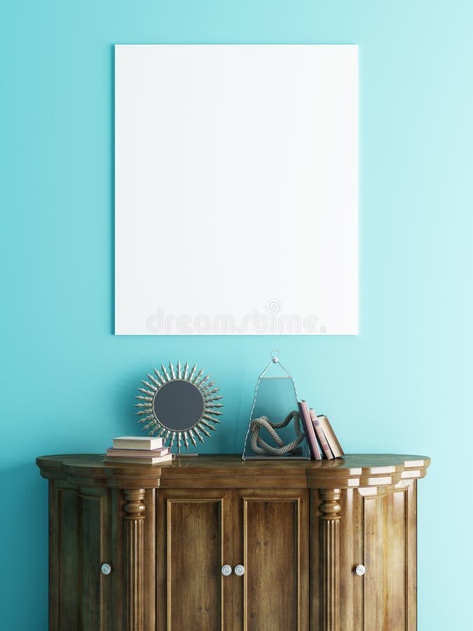 Spot op affiche over een ladenkast op een blauwe muurachtergrond vector illustratie Spot op affiche over een ladenkast op een blauwe muurachtergrond vector illustratie