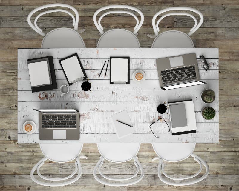 Spot op de lijst van de vergaderingsconferentie met bureautoebehoren en laptop computers, hipster binnenlandse achtergrond, stock foto Spot op de lijst van de vergaderingsconferentie met bureautoebehoren en laptop computers, hipster binnenlandse achtergrond, stock foto