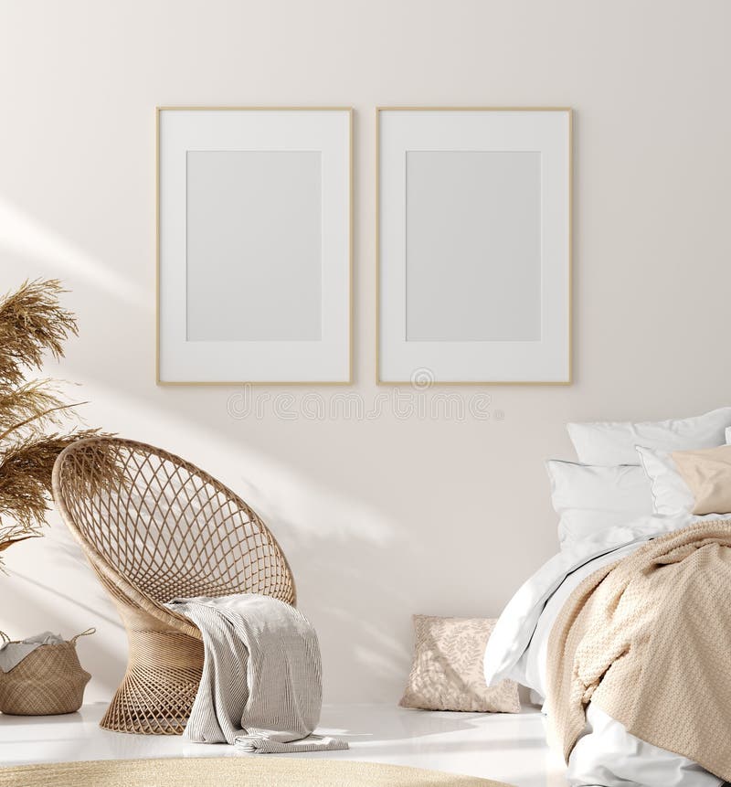 Spot op kader in slaapkamer binnenlandse, beige ruimte met natuurlijk houten meubilair, Skandinavische stijl stock illustratie Spot op kader in slaapkamer binnenlandse, beige ruimte met natuurlijk houten meubilair, Skandinavische stijl stock illustratie