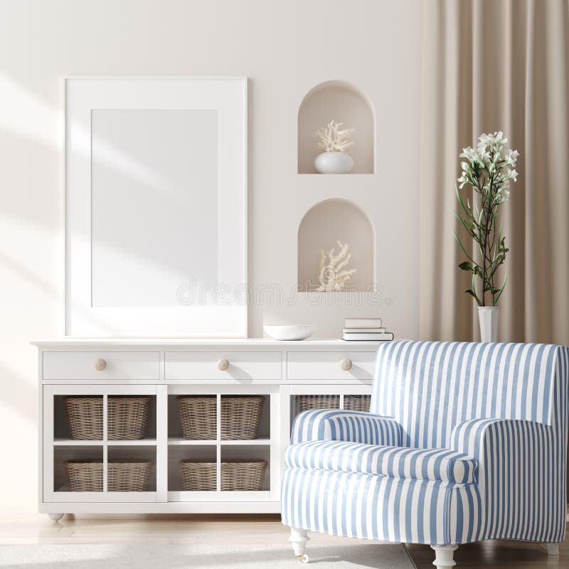 Spot op kader in slaapkamer binnenlandse, mariene ruimte met overzees decor en meubilair, Kuststijl