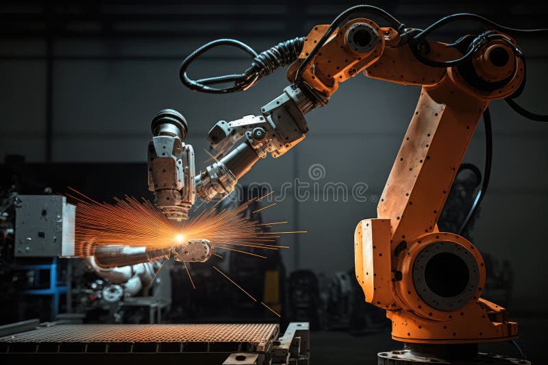 Spot Welding Robot with Arm Extended, Performing Precise Weld on
