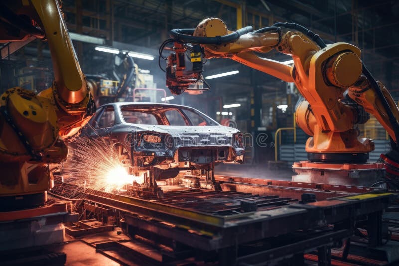 A spot welding robot operating on a car assembly line stock photo