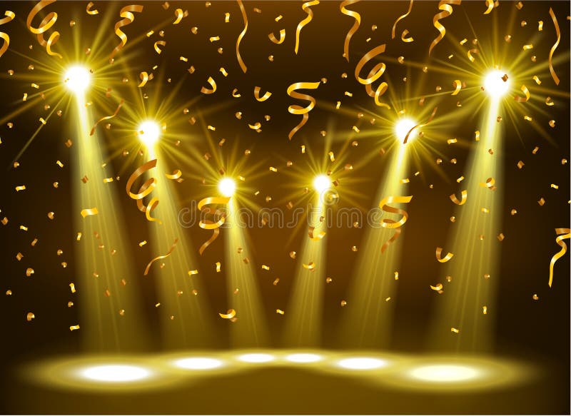 Spotlight Shining On Empty Stage With Gold Confetti Stock Vector