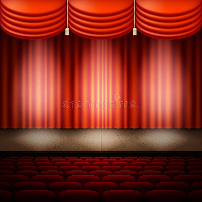 Spotlight on Stage and Red Curtain. EPS 10 Vector Stock Vector