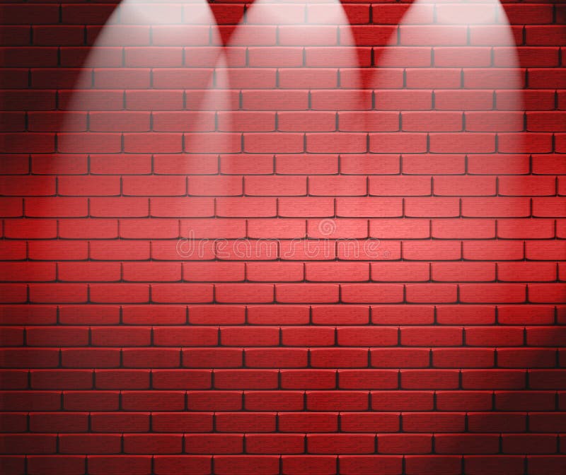 Dramatic background with three white spotlights illuminating a red brick wall or theater stage. Dramatic background with three white spotlights illuminating a red brick wall or theater stage.