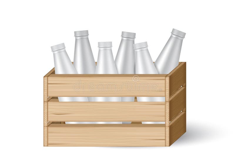 Spott 3D herauf realistische hölzerne Kisten oder Kasten mit dem Milchflascheprodukt, das lokalisierten Hintergrund verpackt lizenzfreie abbildung Spott 3D herauf realistische hölzerne Kisten oder Kasten mit dem Milchflascheprodukt, das lokalisierten Hintergrund verpackt lizenzfreie abbildung