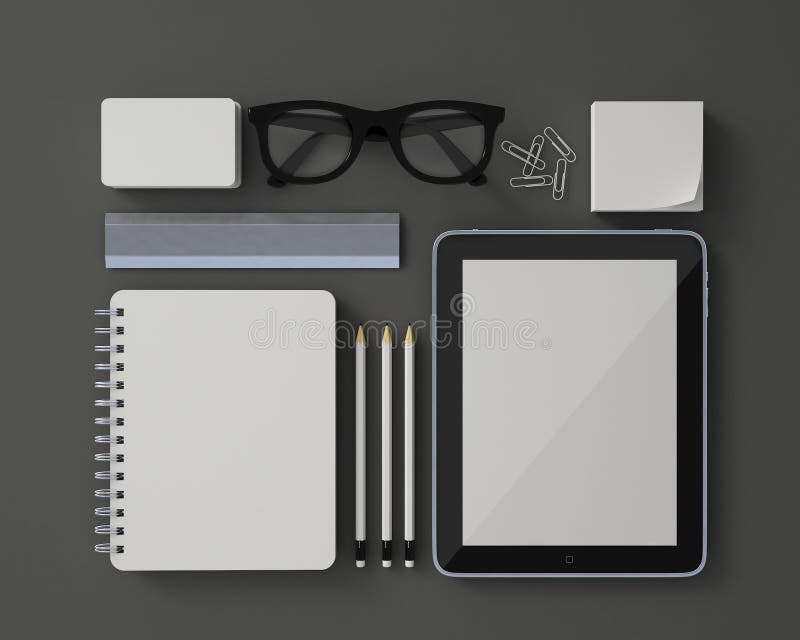 3d model of white blank stationery design template set with tablet and obstacles isolated on grey background, tempate design. 3d model of white blank stationery design template set with tablet and obstacles isolated on grey background, tempate design