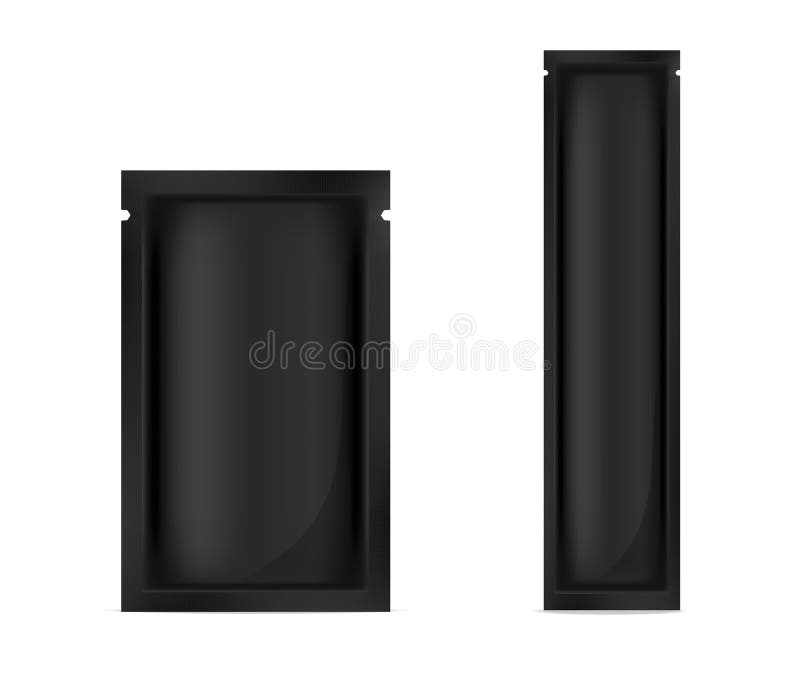 Spott herauf realistisches schwarzes Folien-Kissen für Nahrungsmittel oder skincare Beispielverpackenvektorillustration stock abbildung Spott herauf realistisches schwarzes Folien-Kissen für Nahrungsmittel oder skincare Beispielverpackenvektorillustration stock abbildung