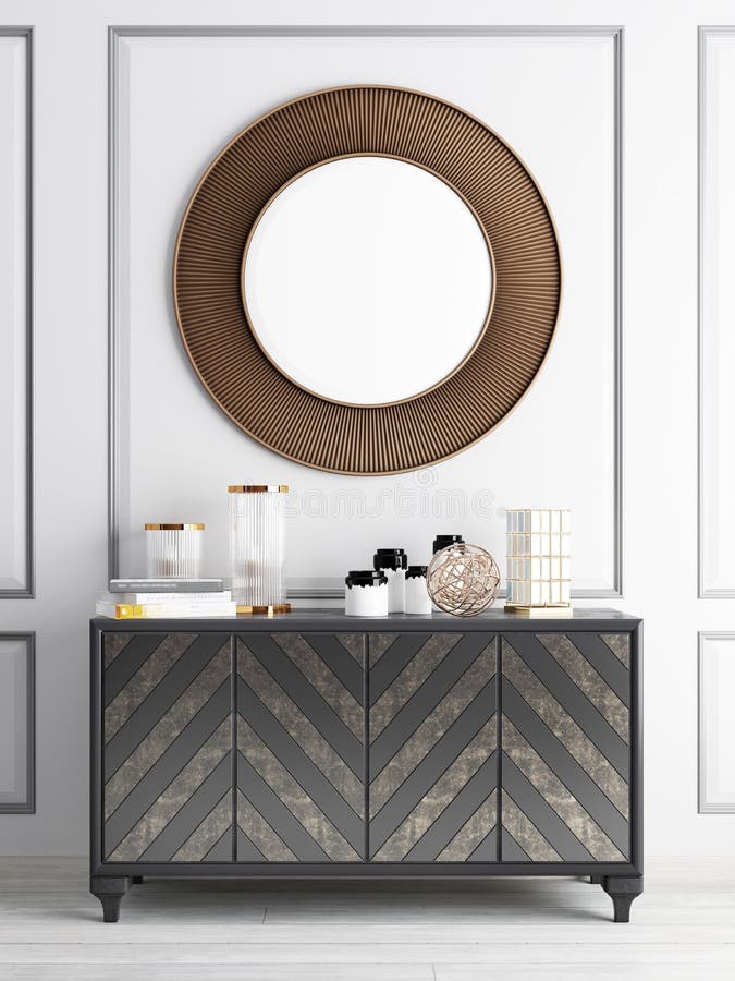 Mock up mirror over chest drawers. 3d rendering. 3d illustration. Mock up mirror over chest drawers. 3d rendering. 3d illustration