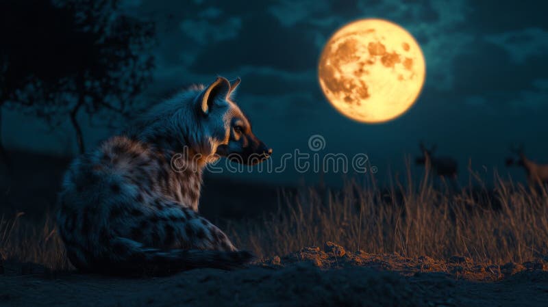 Spotted Hyena Under a Full Moon at Night vector illustration