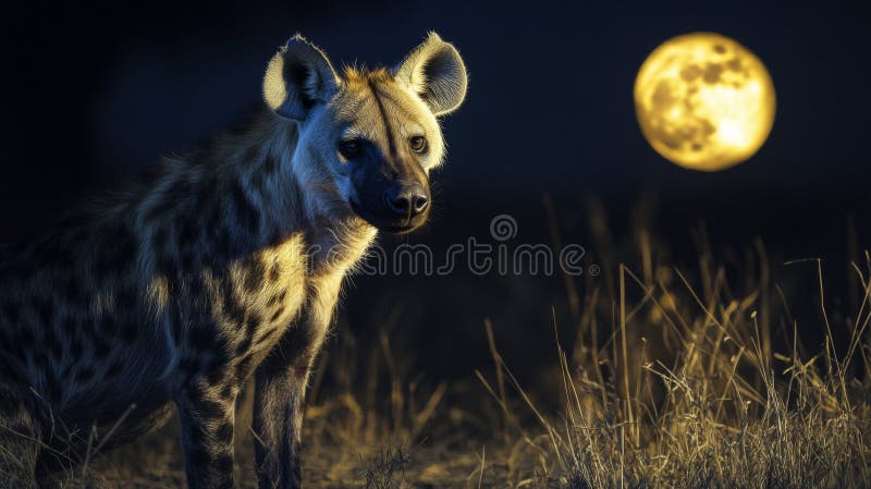 Spotted Hyena Under a Full Moon at Night in the African Savanna vector illustration