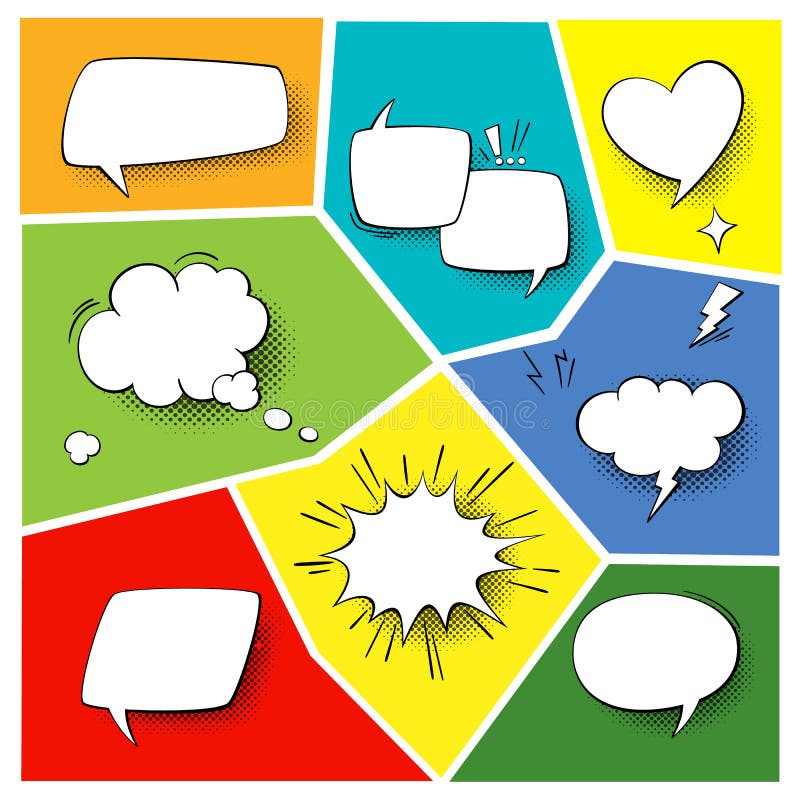 Speech popart elements. Comic cartoon shapes for dialogs thinking and talking on varicoloured backgrounds. Speech popart elements. Comic cartoon shapes for dialogs thinking and talking on varicoloured backgrounds