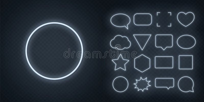 Spracheblasensterndreieck-Herzhexagon des Kreises quadratischen und andere glühende weiße Neonrahmen auf einem dunklen transparent stock abbildung
