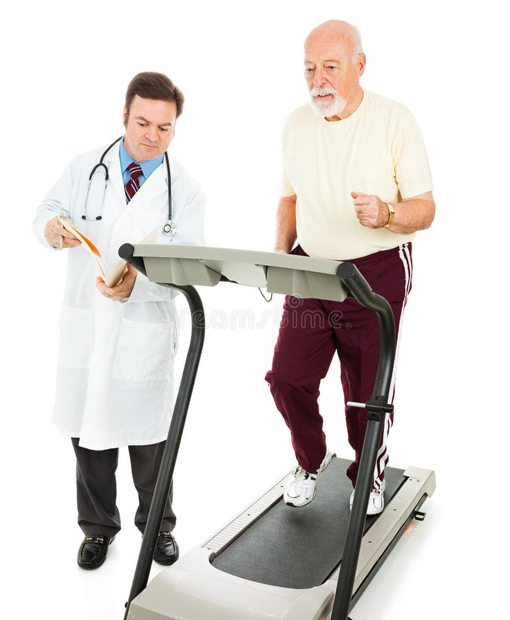 Senior man runs on a treadmill while his doctor charts his progress. Isolated on white. Senior man runs on a treadmill while his doctor charts his progress. Isolated on white.