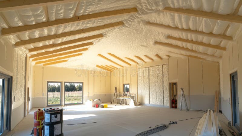 Spray Foam Insulation Installation Wooden Beams and High Ceiling, insulation, construction , foam, ceiling stock illustration