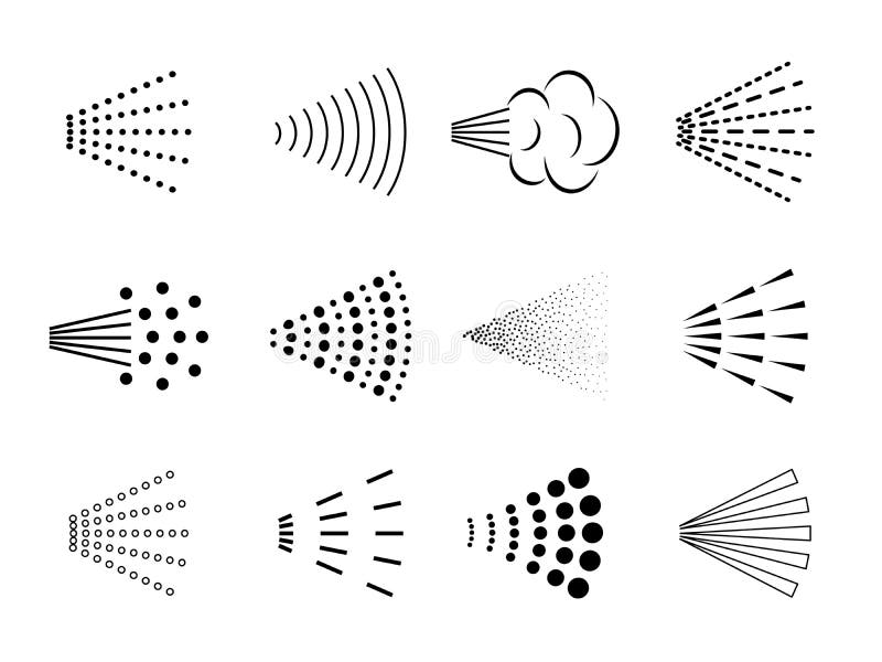 Spray icon. Bottle air sprayer, bathroom nozzle aerosol sprinkle, scattered black deodorant, clean water drops. Vector