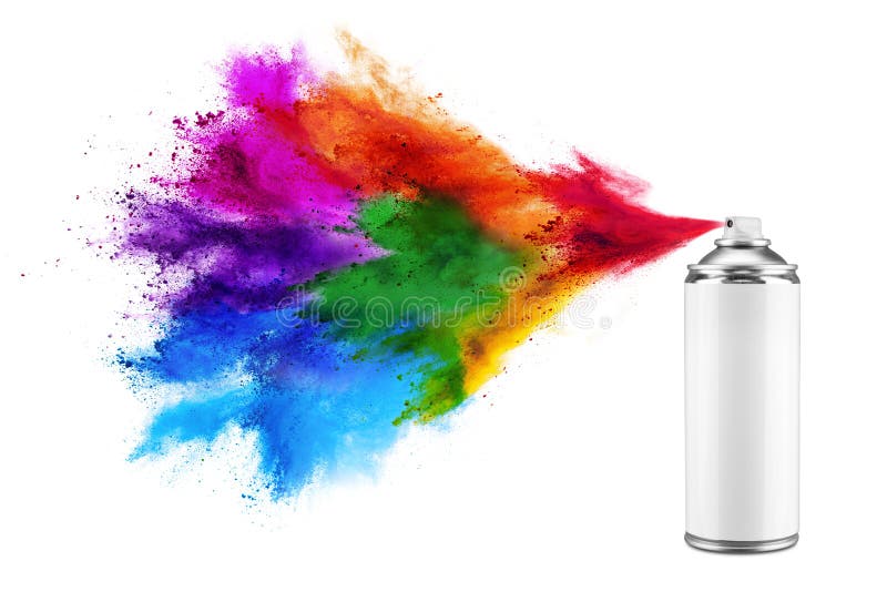 Spray może natryskiwać kolorowe tęczowe holi farby w proszku eksplozja izolowanego białego tła. graffiti z walecznego malarstwa