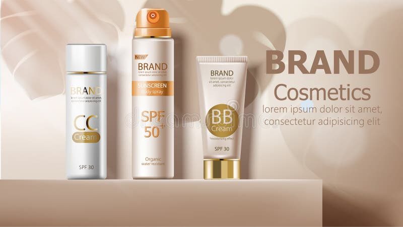 Spray per il corpo solare e crema di colore beige. paracadute di inserimento di prodotti illustrazione vettoriale