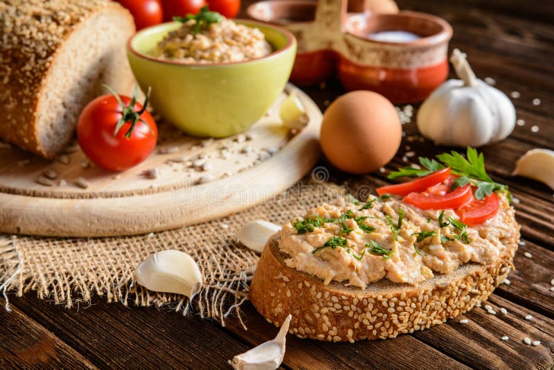 Spread with Chicken Meat, Eggs, Mustard, Garlic and Pepper Stock Photo