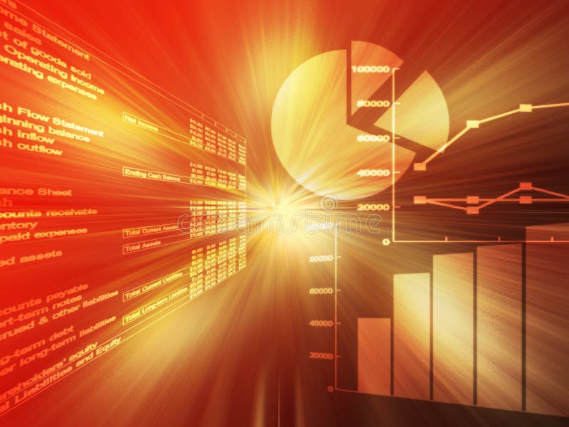 Dati del foglio di calcolo e grafici aziendali incandescente reticolo rosso e arancione.