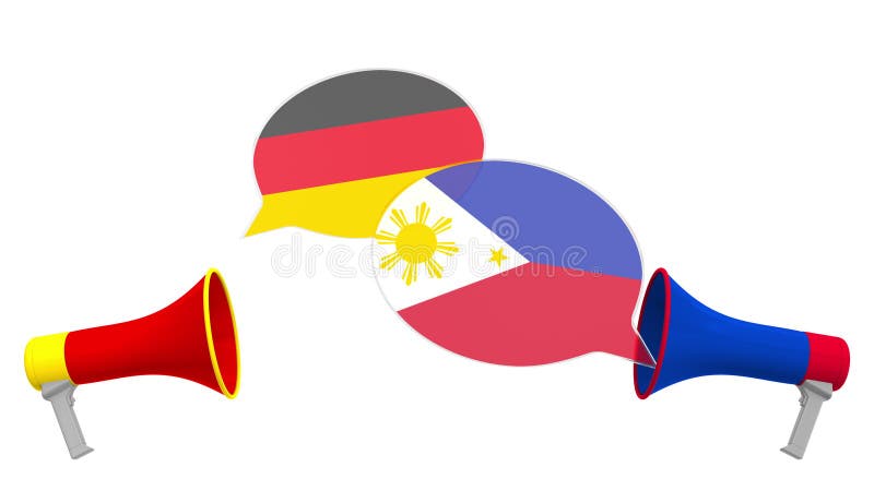 Sprechblasen mit Flaggen der Philippinen und Deutschlands Interkultureller Dialog oder internationale Gespräche über 3D-Animation