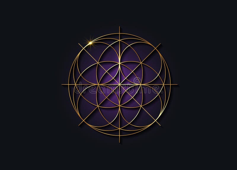 Sprid geometri guldsymbol, frö av livstecken. Geometrisk mystisk lyxlila mandala av alkemi, esoterisk blomma av liv. gyllene royaltyfri illustrationer
